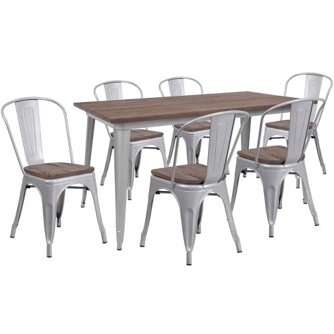 Flash Furniture 30 25 X 60 Metal Table Set With Wood Top And 6 Stack Chairs Target