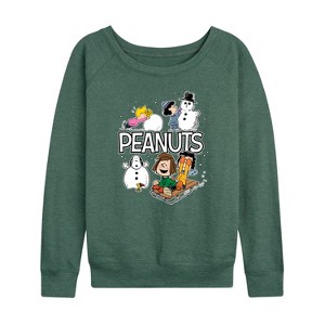Women's - Peanuts - Winter Stickers Lightweight French Terry Wide Neck Long Sleeve Graphic Shirt - 1 of 4