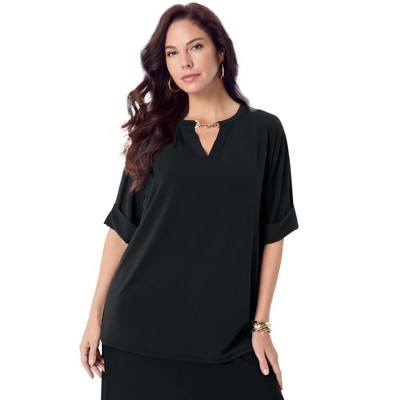 Roaman's Women's Plus Size Ultrasmooth Fabric V Neck Tee With Chain Detail