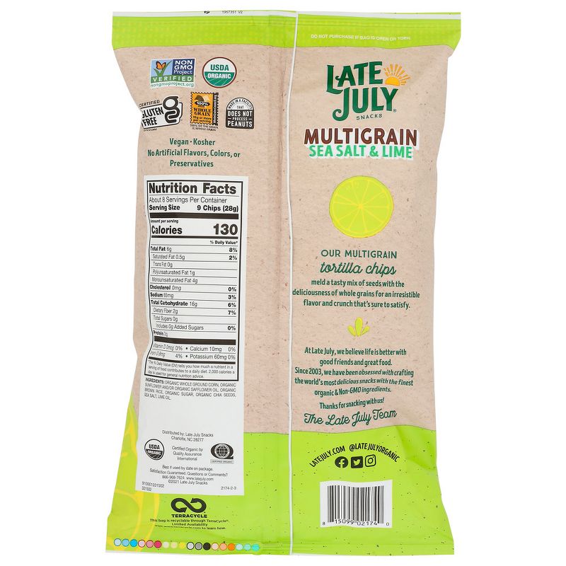 Late July Snacks Multigrain Sea Salt and Lime Tortilla Chips - Case of 12/7.5 oz, 3 of 7