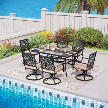 7pc Captiva Designs Patio Dining Set - Rectangle Steel Table, 1.57" Umbrella Hole, Swivel Arm Chairs with Cushions