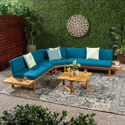 Outdoor Sectional Sofa Set, 5 Seater Acacia Sofa Set with Side Table, 6 Pcs Sofa with Wood Frame and PE Cushions and PE Pillows-Coolbibila