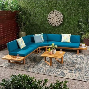 Outdoor Sectional Sofa Set, 5 Seater Acacia Sofa Set with Side Table, 6 Pcs Sofa with Wood Frame and PE Cushions and PE Pillows-Coolbibila - 1 of 4