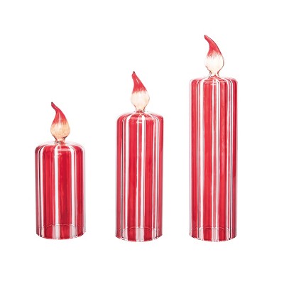 Transpac Glass Stripe Candle Decor Set of 3 Decorative Sculptures for Christmas Red Tabletop Battery Operated Indoor Gifts