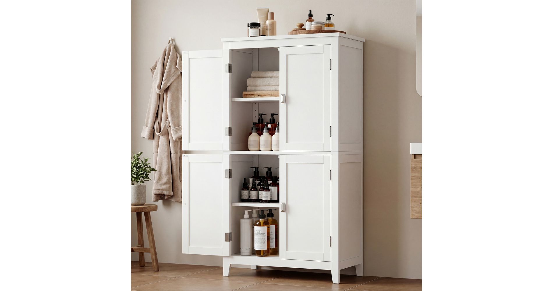 LEDREM Tall Bathroom Cabinet with Adjustable Shelves, 4-Door Storage Cupboard for Entryway, Freestanding, White