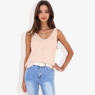 Anna-Kaci Women's V-Neck Knit Tank Top With Eyelet Detail