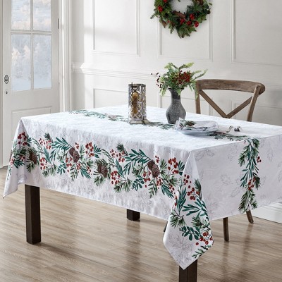 Holly Berry Flourish White and Green Polyester Holiday Tablecloth