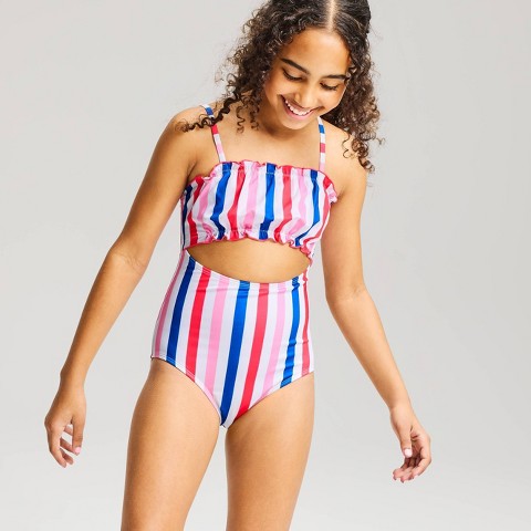 Cat & Jack Girls' Tricolor Striped One Piece Swimsuit - Cat & Jack™ M