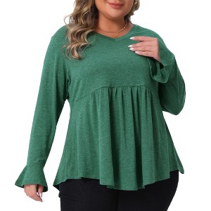 Women's Plus Size Pleat Peplum Curved Hem V Neck Ruffle Sleeve Casual Tunic Blouses - Agnes Orinda - 1 of 4