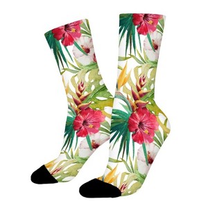 Tropical Orchid Flower Large Leaves Women Printed Crew Socks Funny Funky Socks Soft Polyester Novelty Gifts for Artists Men - 1 of 1