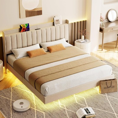 Whizmax Floating Bed Frame with LED Lights, Upholstered Platform Full Bed Frame with Charging Station, No Box Spring Needed