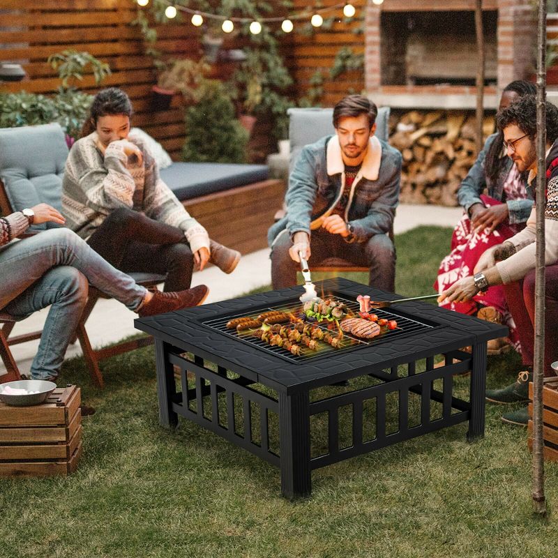 Costway 32'' 3 in 1 Outdoor Square Fire Pit Table W/ BBQ Grill, Rain Cover for Camping, 3 of 11