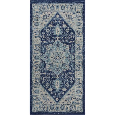 Ivory and Navy Synthetic 24'' Easy-Care Rectangular Area Rug