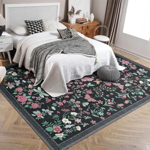 GustoWave Various sizes Modern Floral Machine Washable Indoor Waterproof Area Rug for Bedroom, Living Room, Black - 1 of 4