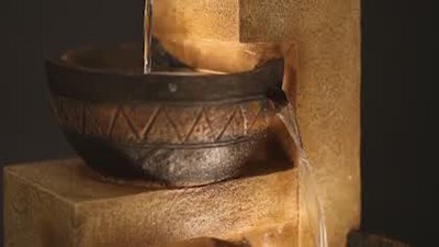 Rustic Stoneware Bowl and Jar Cascading Floor Fountain with LED Light