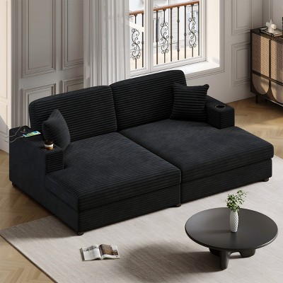 86 Inch Loveseat Sectional Sofa Bed,Corduroy Sleeper Sofa with Two USB Ports,Two Cup Holders and Two Throw Pillows-Maison Boucle