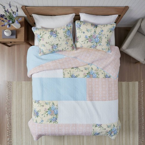Patchwork Quilt Bedspread Super King Size Bed 3 Pcs Box Pattern Thick Cotton Filling Bed Warmer Large Blanket Bed Spread With Quilt Fabric 2 Pillowcase Floral Pink 