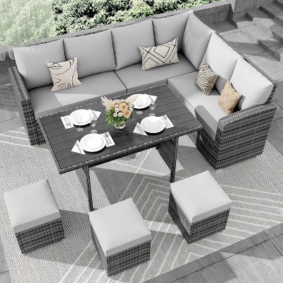 Garvee 7 Piece Outdoor Sectional Sofa with Dining Table,Patio Sectional Sofa Conversation Set All Weather Wicker Rattan Couch Dining Table & Chair