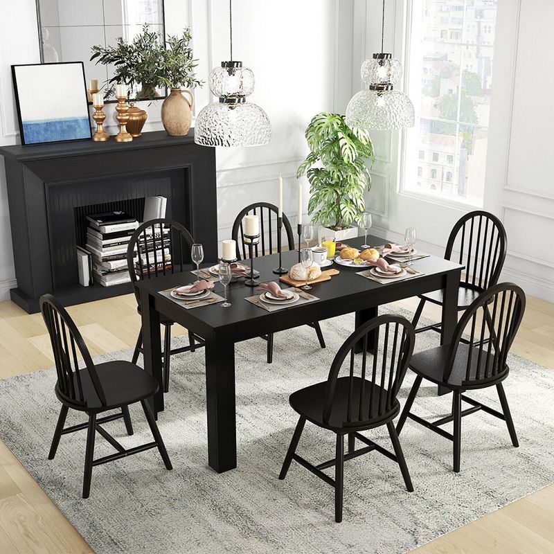 Tangkula 7 PCS Dining Set Rectangular Wooden Dining Table 6 Windsor Chairs Kitchen Black, 3 of 9