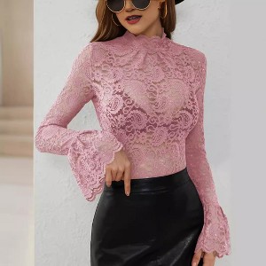 Women's Long Sleeve Lace Mesh Tops High Neck Sheer Blouse Sexy Floral Going Out Top - 1 of 4