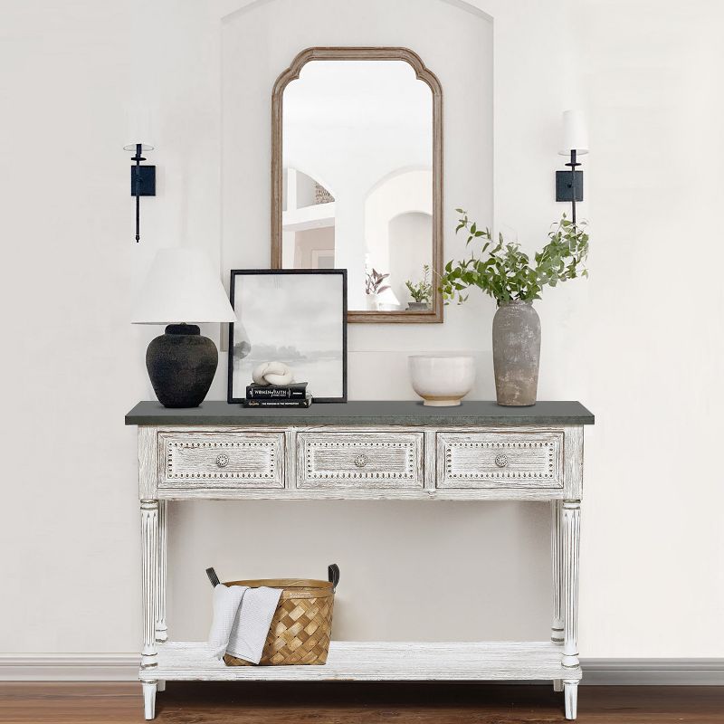 LuxenHome Distressed White Wood and Metal 3-Drawer 1-Shelf Console and Entry Table, 5 of 15