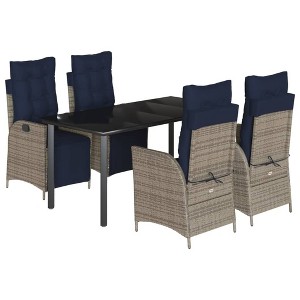 vidaXL 5-Piece Outdoor Patio Dining Set-Gray Poly Rattan Reclining Chairs, Tempered Glass Table, Adjustable Backrest/Footrest, Navy Blue Cushions - 1 of 4