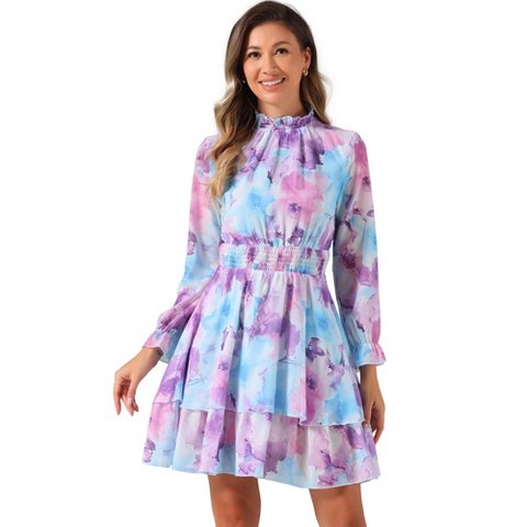 Женские платья INSPIRE CHIC Women's Floral Long Sleeve Mock Neck Ruffle Layered Smocked Mini Dress Large Blues