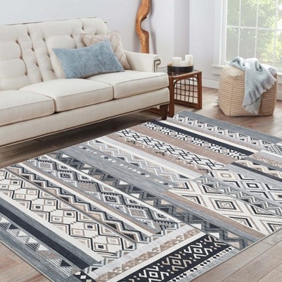 Vintage Washable Area Rug Geometric Rug Farmhouse Patchwork Pattern Accent Rug