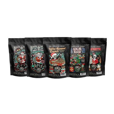 Bones Coffee Company Holiday Favorites Sample Pack Ground, Assorted Flavors (4 oz Pack of 5)