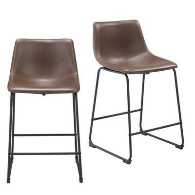 HomeRoots Set of Two 24" Espresso and Black Faux Leather and Steel Counter Height Bar Chairs