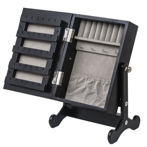 Slickblue Small Mirrored Jewelry Armoire, Black MDF Storage Box with Stands and Compartments for Accessories - 1 of 4