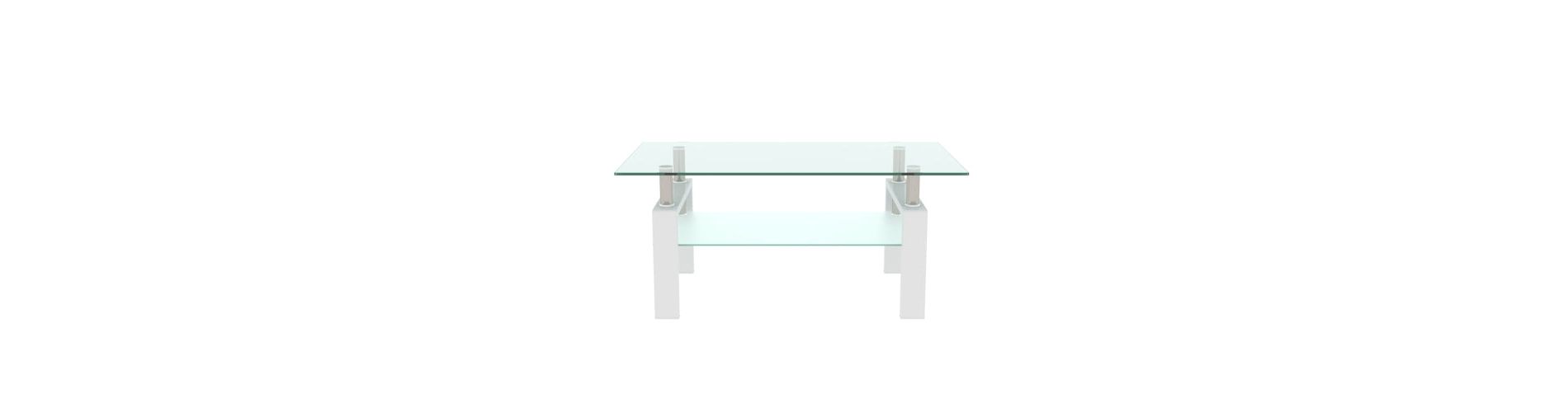 AEELLEEA Modern Glass Coffee Table, 8mm Tempered Glass Top, Lower Storage Shelf, White Metal Frame, Rectangular Living Room Table