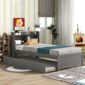 Okak Twin/Full Size Bookcase Platform Beds with Storage Shelves & Trundle,Solid Wood Bed Frame for Teens,No Spring Box Needed - 1 of 4