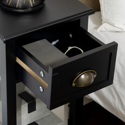 Black Rectangular Wood End Table with Drawer and Shelf