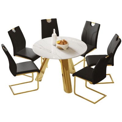 Infurnic Dining Sets Round Table Paired with Six Uniquely designed White Dining Chairs With Golden Metal Leg , White, 42"*42"*29.5"