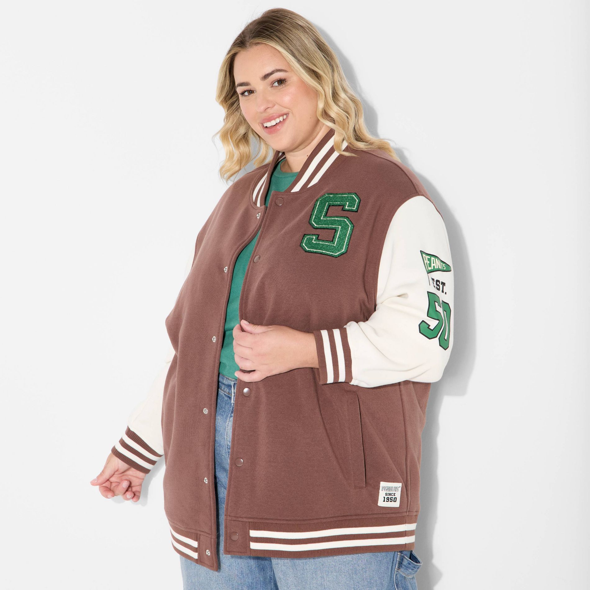 Adult Peanuts Snoopy Letterman Graphic Jacket - Brown 1X