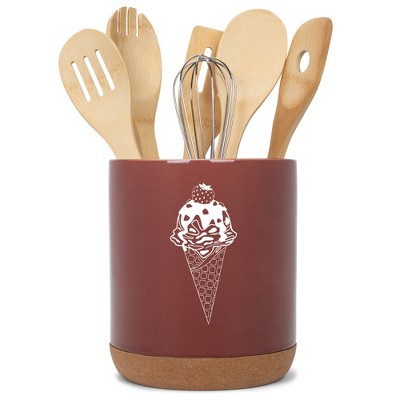 Elanze Designs 8 inch Ice Cream Waffle Cone Large Ceramic Kitchen Utensil Holder Red and White Crock with Cork Base