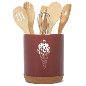 Elanze Designs 8 inch Ice Cream Waffle Cone Large Ceramic Kitchen Utensil Holder Red and White Crock with Cork Base - 1 of 4