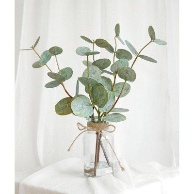 Attop Eucalyptus Stems in Glass Vase with Faux Water,3Pcs Fake Plant with Double-Sided Green Leaves for Centerpiece