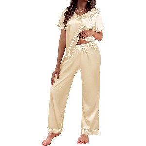 Ekouaer Satin Pajamas for Women Short Sleeve Silk Pajama Sets Soft Sleepwear Top with Causal Long Pj Pant - 1 of 4