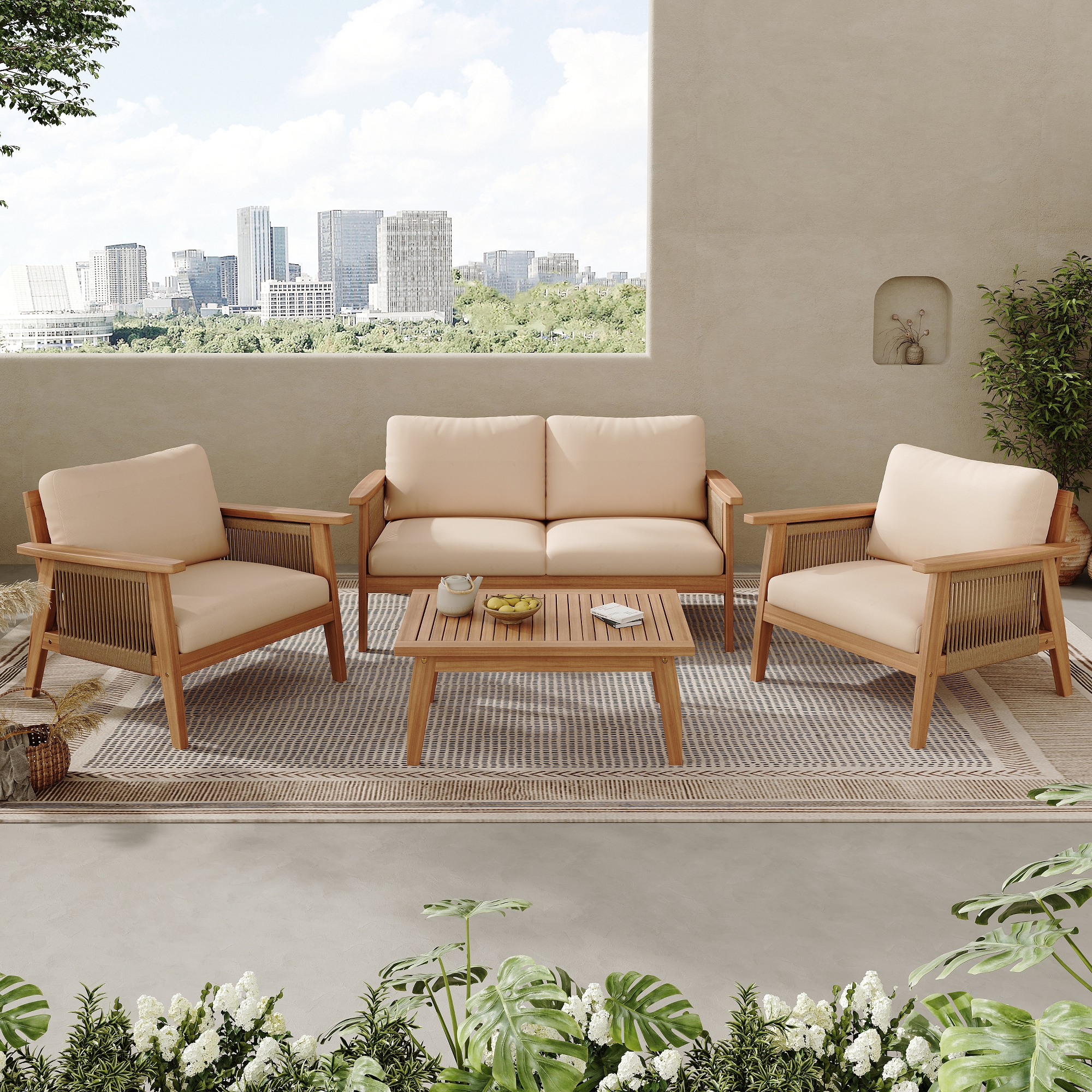 4-Piece Patio Conversation Set, Acacia Wood Outdoor Furniture Set with Loveseat Sofa, Table, Chair for Garden/Balcony/Backyard - ModernLuxe