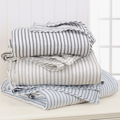 Tobago Stripe Blue Cotton Full/Queen Reversible Quilt Set