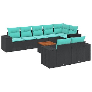 vidaXL 9 Piece Garden Sofa Set with Cushions Black Poly Rattan - corner + 3x middle + 4x Sofa + Table - 1 of 4