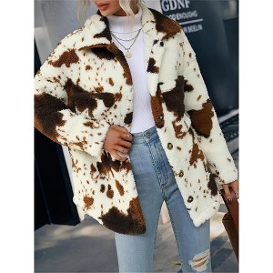 Women's Cow Print Double-Sided Fleece Button Cardigan Pocket Coat - 1 of 3
