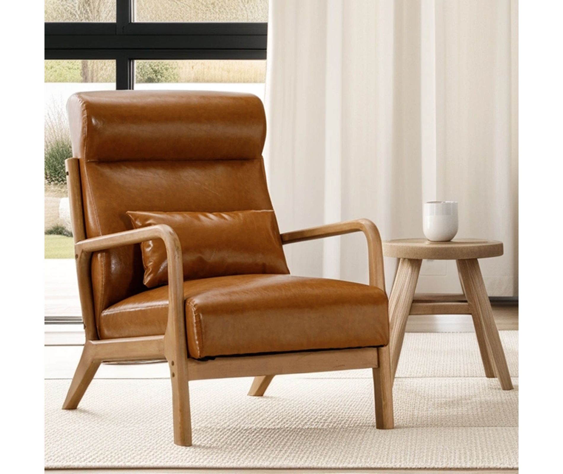 Bestier Mid-Century Accent Chair with Wood Frame, PU Leather Living Room Chair with Pillow & Waist Cushion, Reading Armchair for Bedroom Brown
