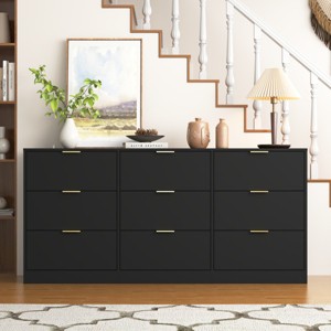 Modern Black Large 9-Drawer Dresser with Deep Drawers, Luxurious Gold  Handles, Long Chest Dresser for Bedroom, Living Room, or Entryway-Panipeachy