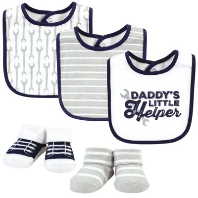 Image of Hudson Baby Infant Boy Cotton Bib and Sock Set, Daddys Helper, One Size