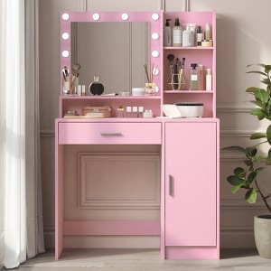 Vanity Desk With Mirror & Light, 3 Color Modes, Brightness Adjustable, Bedroom Dressing Table With 1 Drawers, 1 Cabinet And 3 Open Storage Shelves - 1 of 4