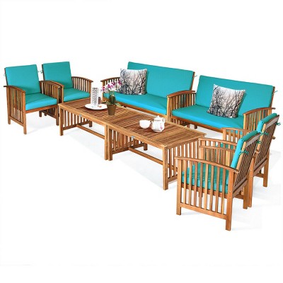 Tangkula 8PCS Wooden Patio Conversation Set Outdoor Furniture Set w/ Cushions