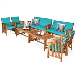 Tangkula 8PCS Wooden Patio Conversation Set Outdoor Furniture Set w/ Cushions - 1 of 4